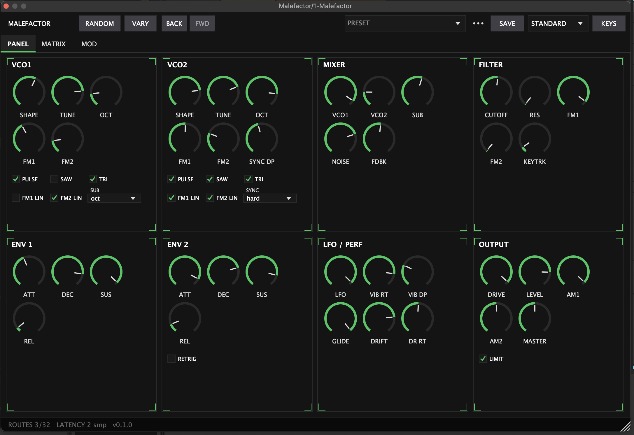 Malefactor Panel page: VCO1, VCO2, mixer, filter, two envelopes, LFO and output sections
